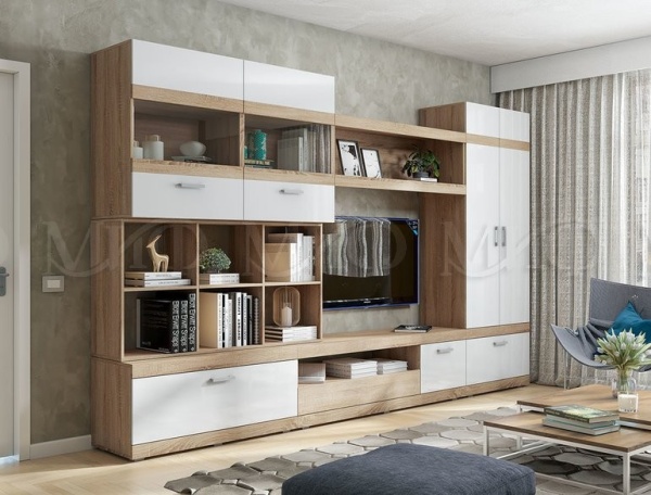 Гостиная Авангард  МДФ №2 (Ш-3500 x В-2140 x Г-445 мм) Дуб Сонома/Белый Глянец