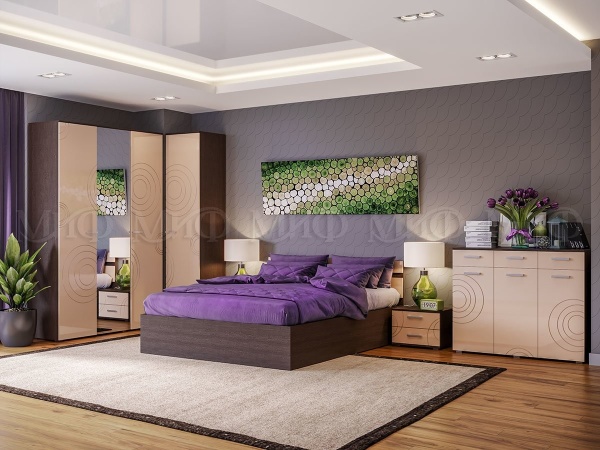 Спальный Гарнитур  Нонна-1 МДФ/Разные Цвета (Шкаф+Комод+Тумбы+Кровать)